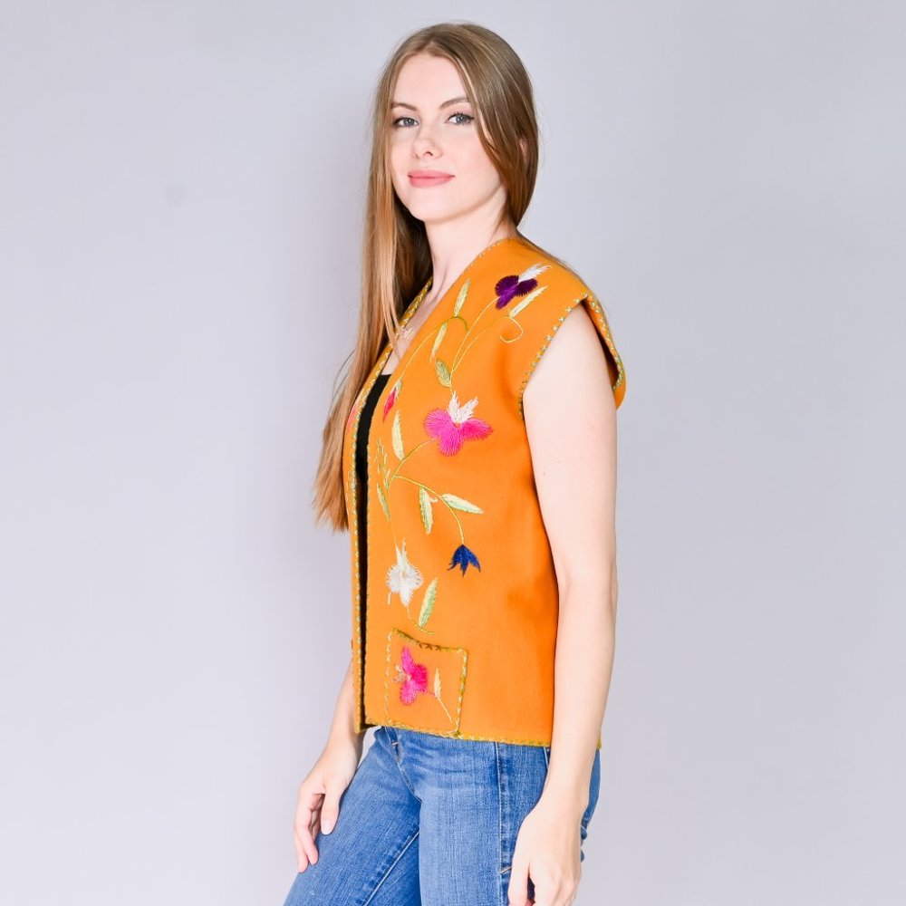VINTAGE Embroidered Floral Pumpkin Color Felt Vest - Picture 5 of 12